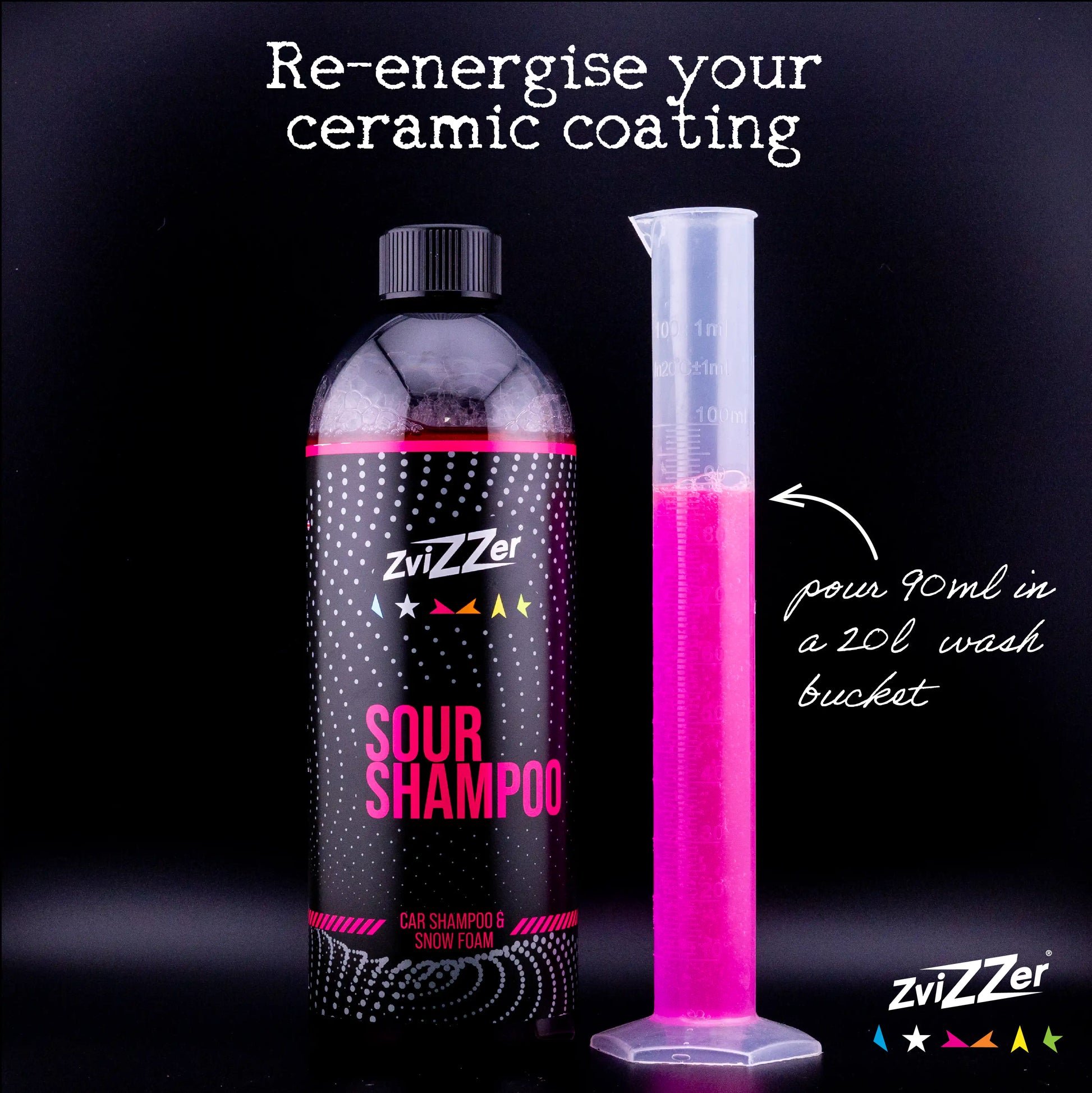 A bottle of Zvizzer Sour Shampoo car shampoo and snow foam next to a clear measuring cylinder filled with bright pink liquid, on a black background with white instructional text.